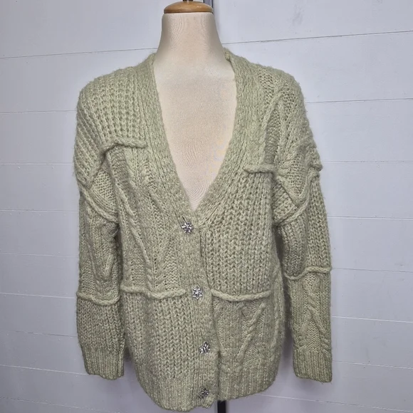 Zara Sage Green Jewel Button Wool Blend Cardigan Size S - Picture 7 of 16